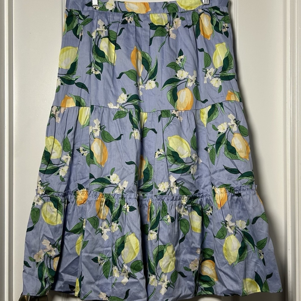 Ann Taylor Factory Blue Lemon Print Tiered‎ Maxi Skirt Flowy Europe Summer Style